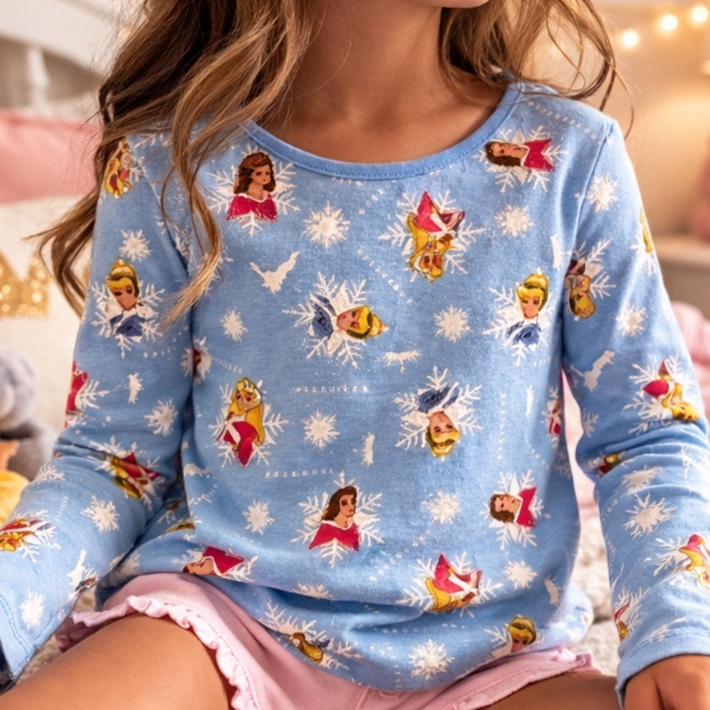 Disney Girls Princess Pajama Shirt Long Sleeve Aurora Belle Cinderella Blue Sz 4